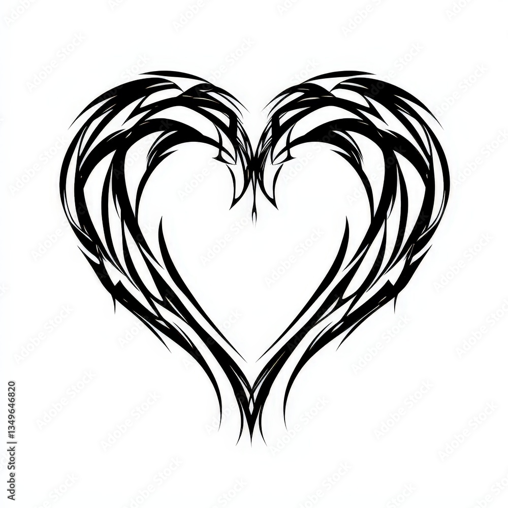 Obraz premium Abstract black heart with stylized lines on white background, symbolizing love and emotion. Perfect for modern romance themes, minimalist art, tattoos, and Valentine’s design.