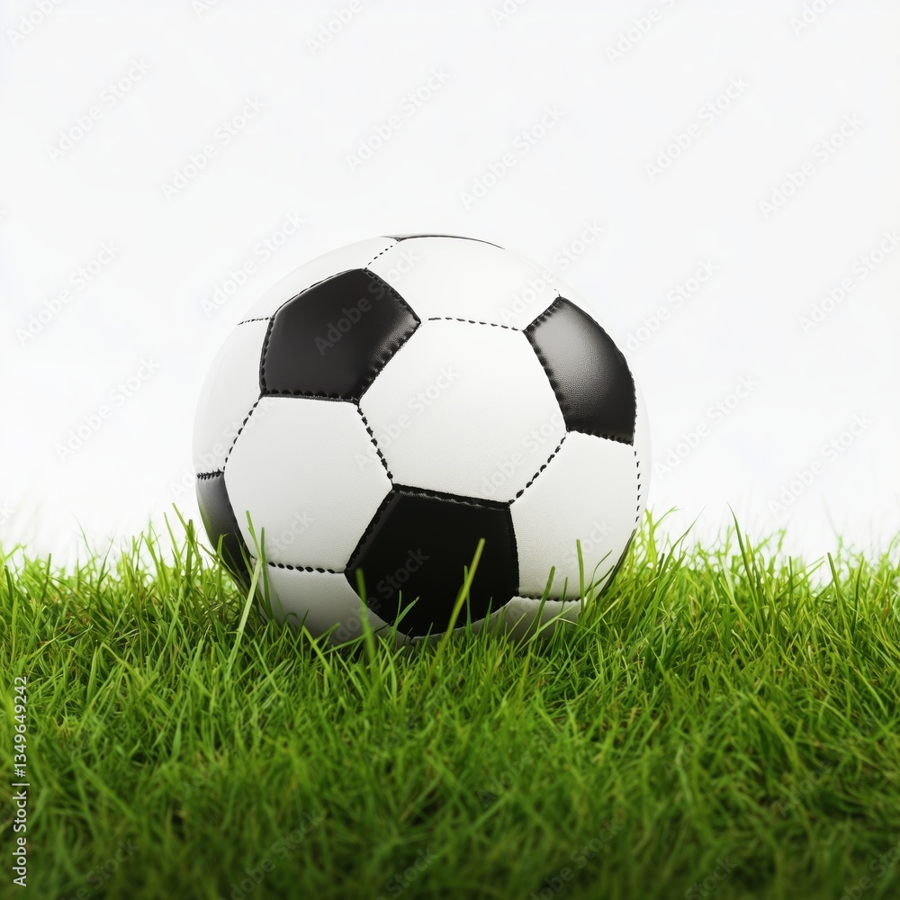 High-quality soccer ball on vibrant green grass against white background, ideal for sports themes, football promotions, and athletic branding High-quality soccer ball on vibrant green grass against white background, ideal for sports themes, football promotions, and athletic branding