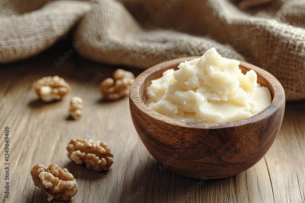 Creamy butter in wooden bowl with walnuts Creamy butter in wooden bowl with walnuts