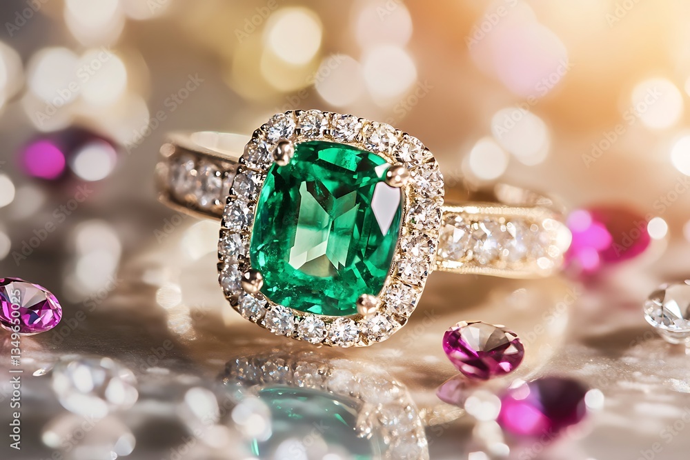 Fototapeta premium Elegant green gemstone ring with surrounding colorful jewels on a reflective surface