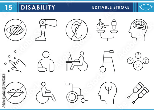 A set of line icons related to Disability. Disabled, mental, physical, eyes, ears, mute, work, broken, blind, and so on. Vector editable stroke.