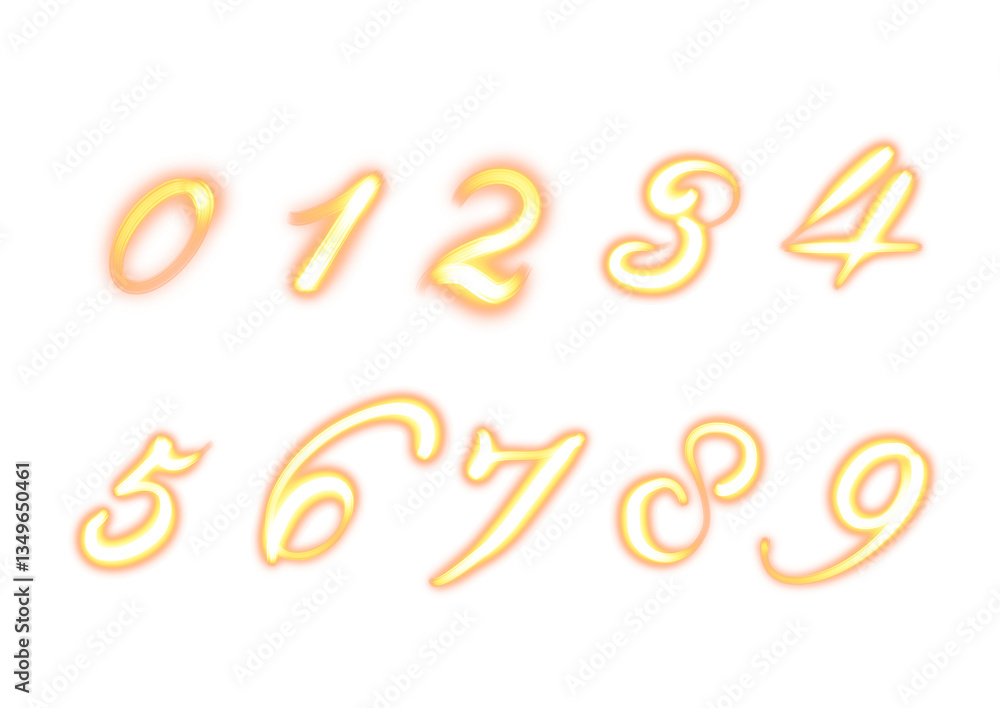 Obraz premium 0-9 Neon letters and numbers with artistic design on transparent background