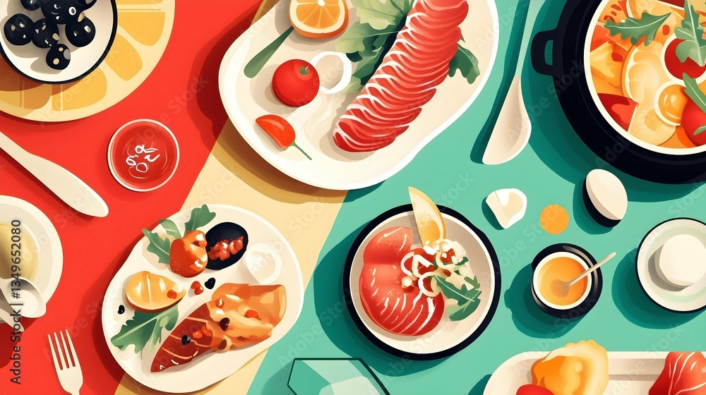 Colorful Illustrated Food Spread with Various Dishes and Ingredients Colorful Illustrated Food Spread with Various Dishes and Ingredients
