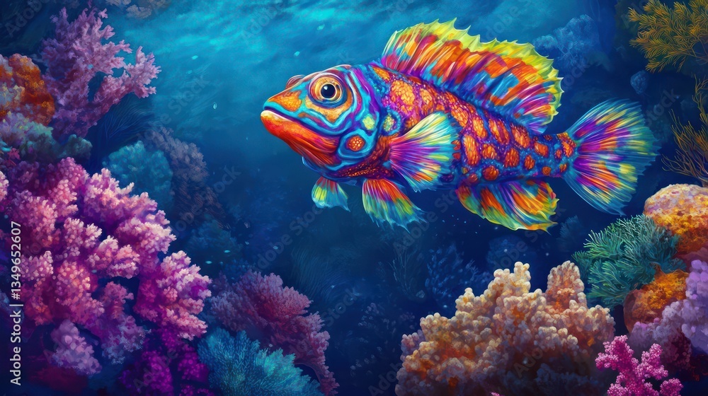 Vibrant reef fish swims amidst coral, underwater scene Vibrant reef fish swims amidst coral, underwater scene