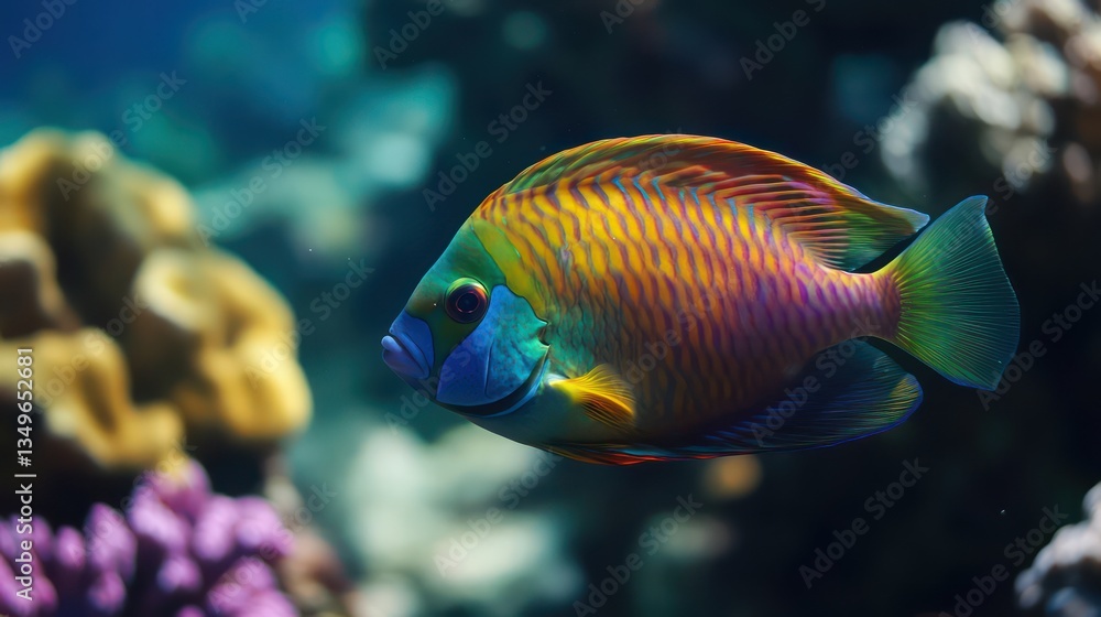 Vibrant reef fish swims, coral background, underwater scene, marine life Vibrant reef fish swims, coral background, underwater scene, marine life