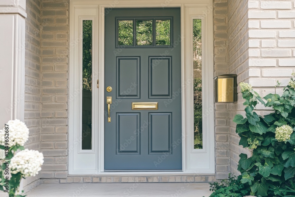 Fototapeta premium Welcoming entrance of a modern home featuring a stylish gray front door with decorative window panes and lush green plants on a sunny day in a peaceful neighborhood