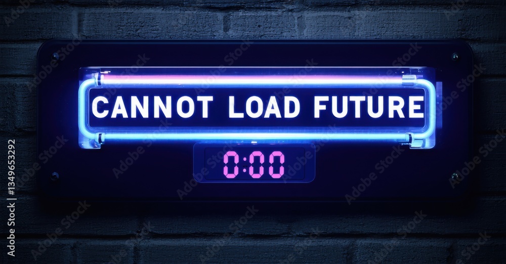 Neon cannot load future sign flashing erratically on digital time display deep navy and muted silver symbolizing unstable timeline Neon cannot load future sign flashing erratically on digital time display deep navy and muted silver symbolizing unstable timeline