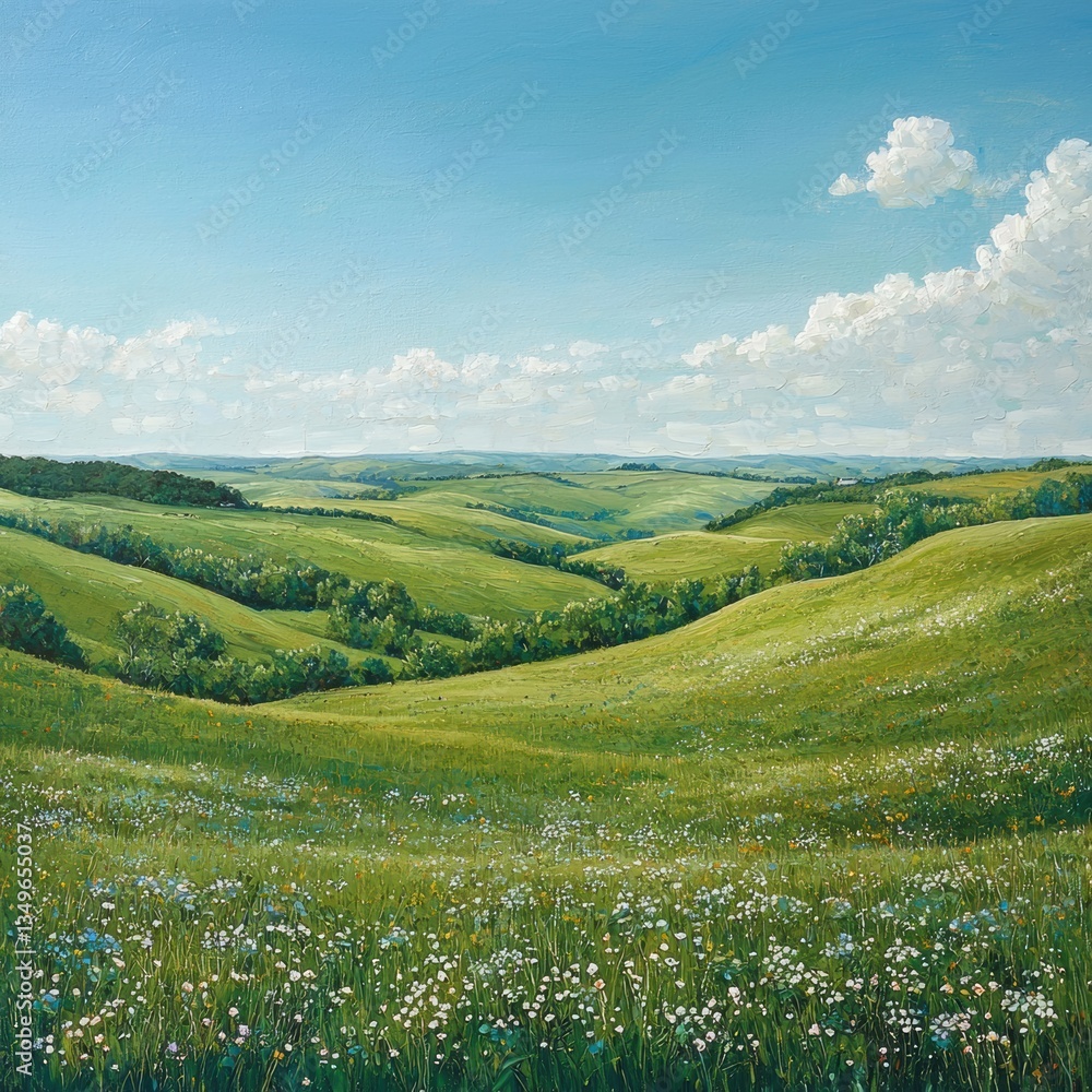 Fototapeta premium Rolling Green Hills Landscape Painting