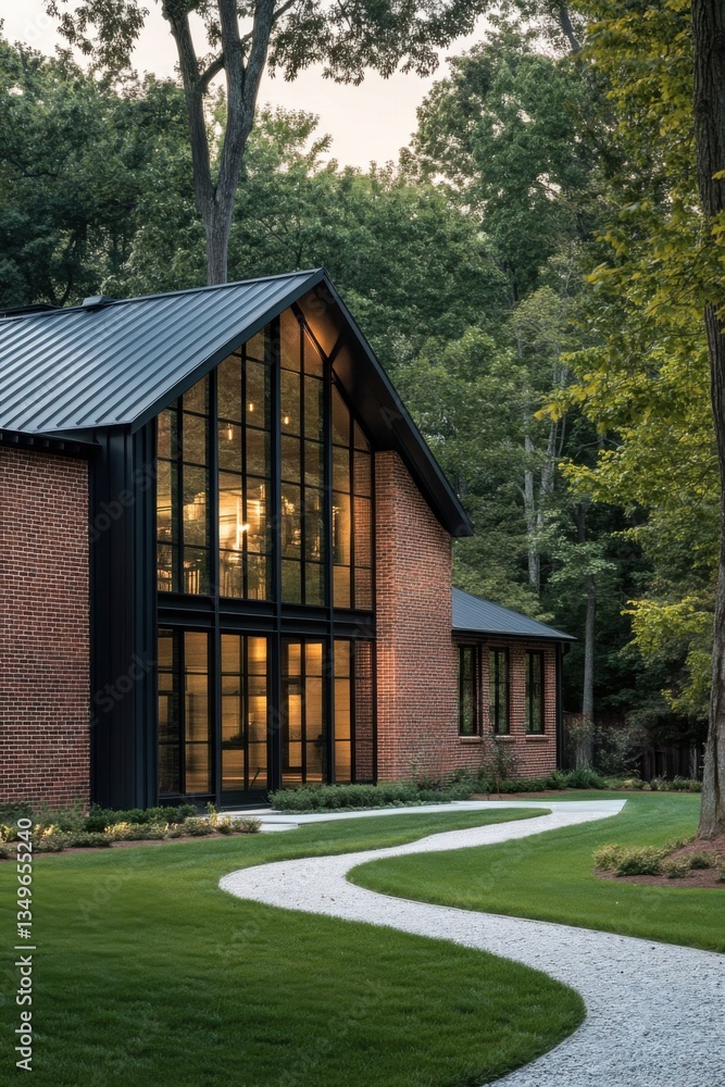 Modern brick house with large windows and sleek design surrounded by lush trees in a tranquil outdoor setting during late afternoon Modern brick house with large windows and sleek design surrounded by lush trees in a tranquil outdoor setting during late afternoon