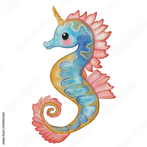 A whimsical, colorful seahorse watercolor glitter illustration featuring a unicorn horn and vibrant fins. The seahorse has a blue and gold body with pink accents, creating a playful.