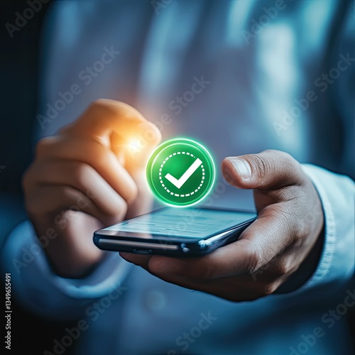 Person using smartphone with green checkmark digital confirmation successful verification approval process