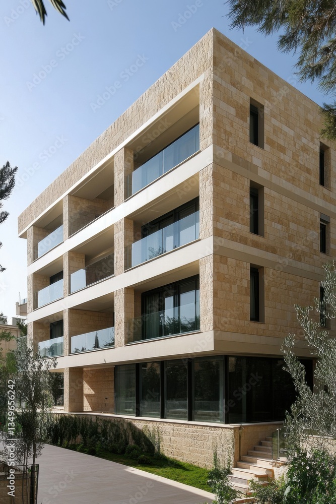 The contemporary architectural design showcases a stunning stone building adorned with expansive windows, all nestled within a serene landscape under the bright sun