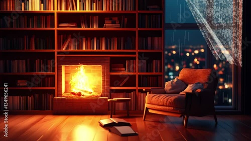 Wallpaper Mural Cozy library room with a fireplace, armchair, books, and rain outside the window at night. Torontodigital.ca