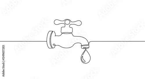 Good transparent background. Single line drawing of a dripping water faucet