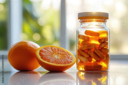 Vitamin C supplement bottle with fresh oranges beside it.