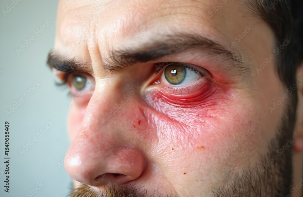 Close-up view man face with swollen red eyelid. Allergic reaction to insect bite. Puffy eye, skin irritation, health issue. Dermatology, healthcare, medical concepts. Close-up view man face with swollen red eyelid. Allergic reaction to insect bite. Puffy eye, skin irritation, health issue. Dermatology, healthcare, medical concepts.