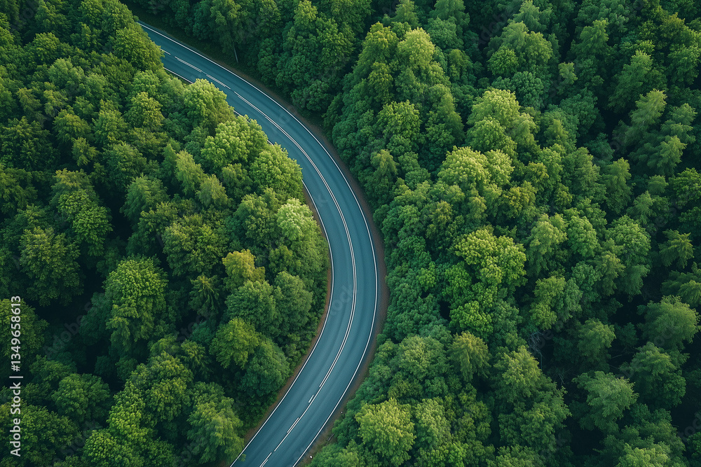 Fototapeta premium Landscape view of uphill road among forest with peaceful and relax vibe in the morning, Aerial view natural trail on the hill among the valley.