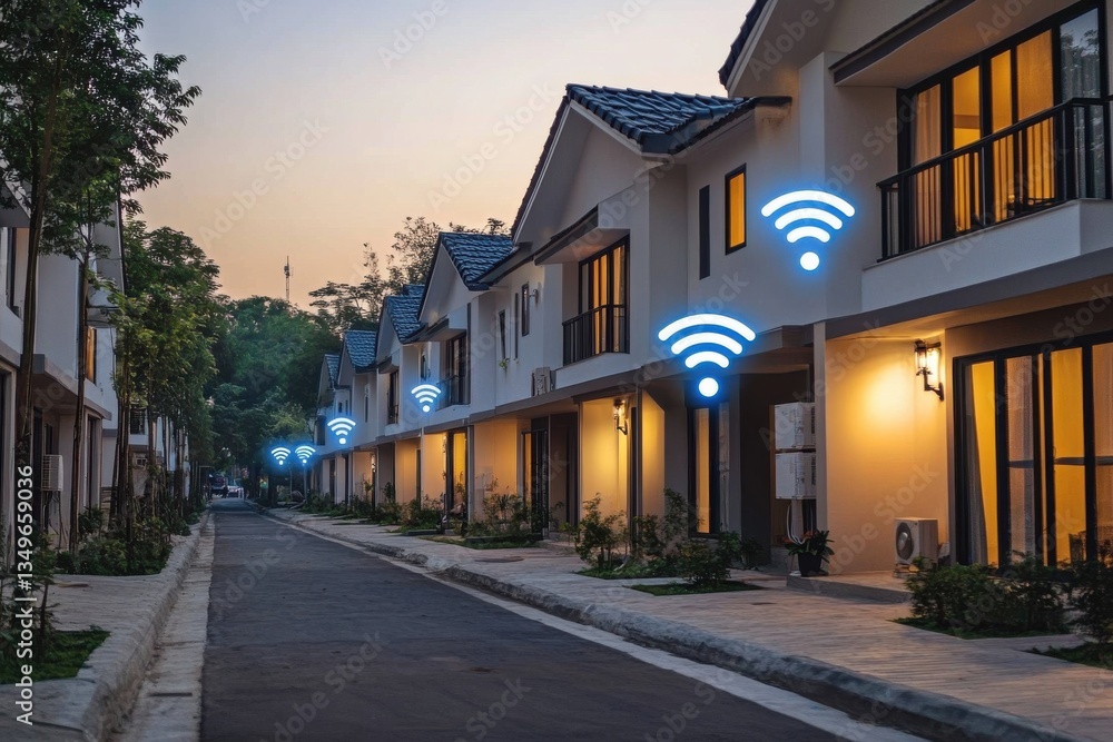 Suburban street with modern houses and glowing WiFi symbols indicating wireless internet connection Suburban street with modern houses and glowing WiFi symbols indicating wireless internet connection