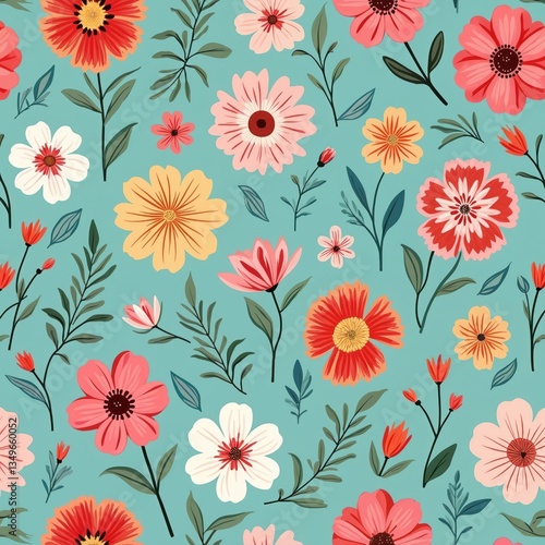 Wallpaper Mural Trendy floral seamless pattern with groovy vibes. Vintage 70s style flower background illustrations. Colorful pastel colors, nature design for fabric, wallpaper, print. Spring plants on blue backdrop. Torontodigital.ca