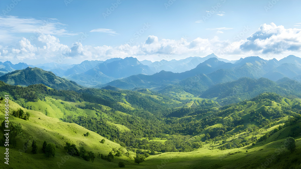 Panoramic View Of Lush Green Mountain Ranges Under Sunny Sky Panoramic View Of Lush Green Mountain Ranges Under Sunny Sky