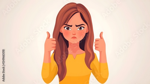 Professional woman expressing frustration with thumbs down gesture in disbelief