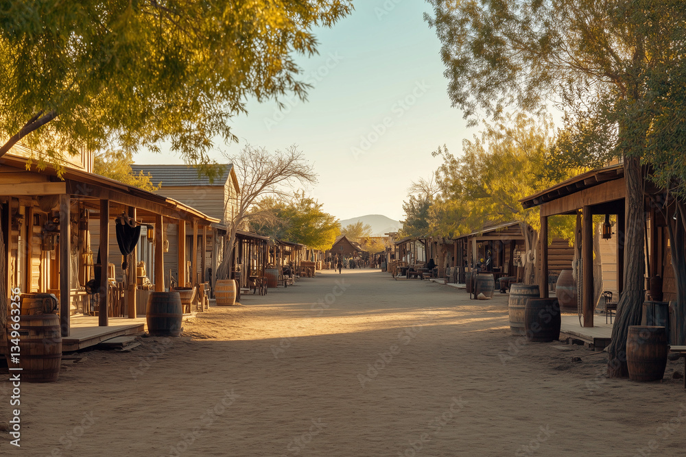 Obraz premium Old western village, Countryside cowboy village with wooden saloon and restaurant.