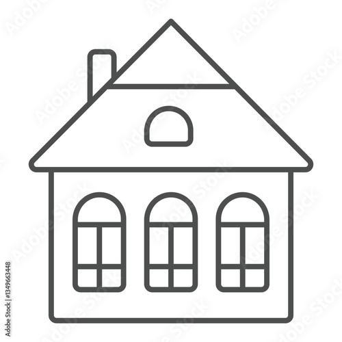 House with big windows thin line icon, house and interior concept. Vector graphics. Cottage building sign on white background, outline style icon for mobile or web design.