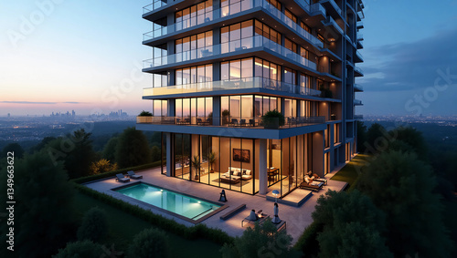 Modern Luxury High-Rise Apartment with Scenic City View at Dusk – Real Estate Stock Image
