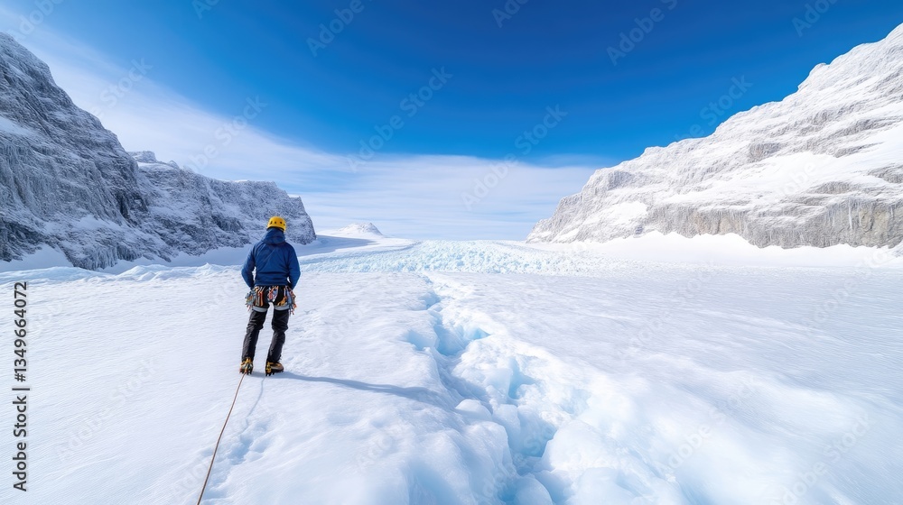 Climber on glacier, vast, pristine landscape Climber on glacier, vast, pristine landscape