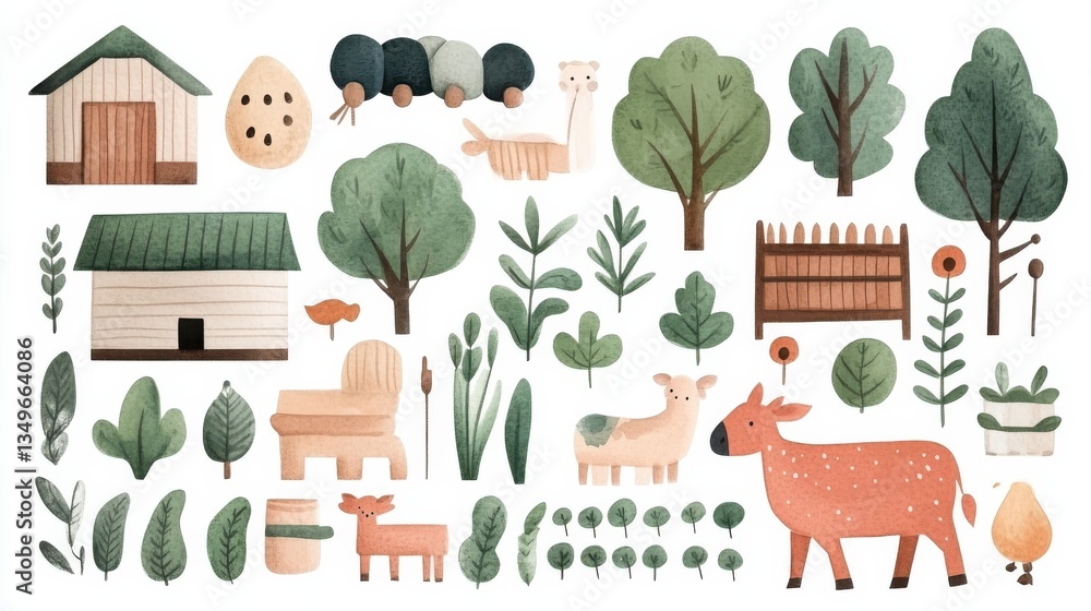 Fototapeta premium Watercolor Farm Elements Illustration Set: Rustic Buildings, Animals, and Nature