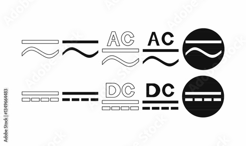 collection of AC and DC electrical current symbols in outline, solid, and circular styles. Ideal for schematics, infographics, and engineering designs.