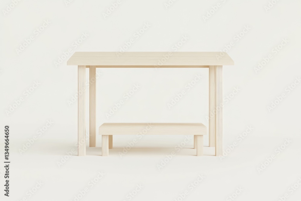 Light-colored wooden table and stool set against a plain backdrop Light-colored wooden table and stool set against a plain backdrop