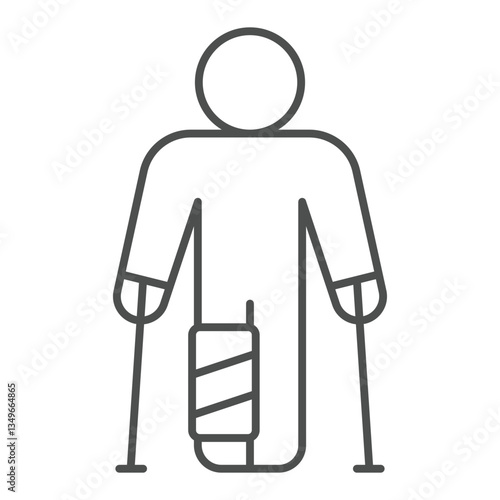 Man with leg injury bandage thin line icon, human rescue concept. Vector graphics. Human on walking cane, help crutches sign on white background, outline style icon for mobile or web design.