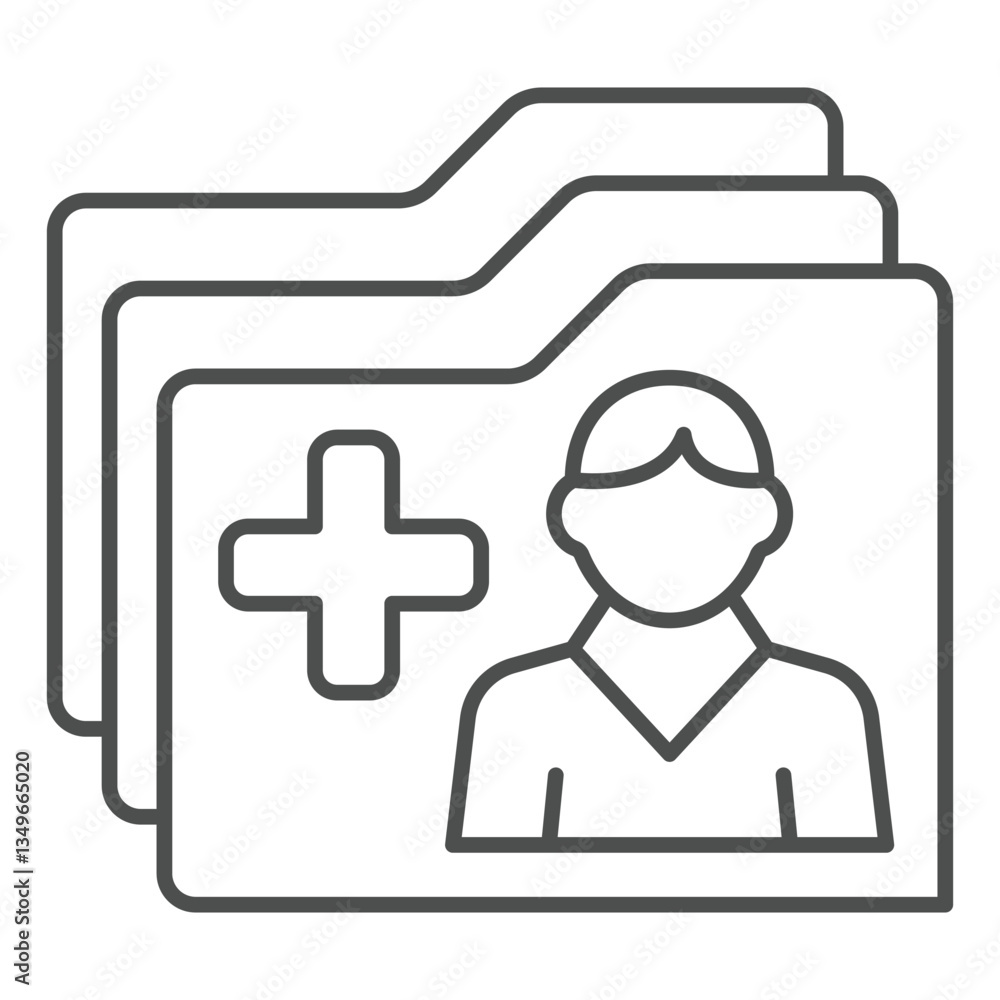 Fototapeta premium Person profile folders with medical cross thin line icon, human rescue concept. Vector graphics. Citizens database files sign on white background, outline style icon for mobile or web design.