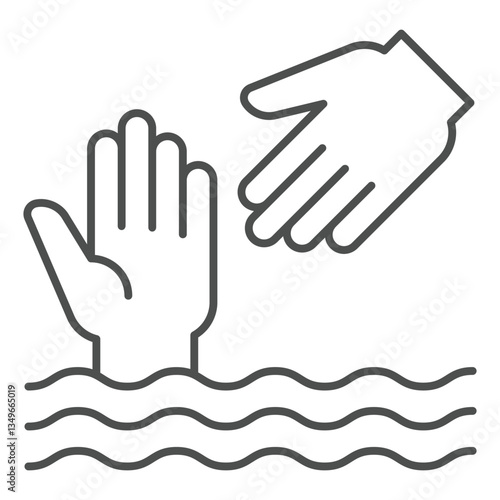 Rescuer hand help drowning man thin line icon, human rescue concept. Vector graphics. Water safety sign on white background, outline style icon for mobile or web design.