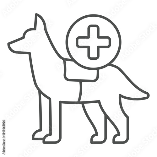 Search dog for saving people thin line icon, human rescue concept. Vector graphics. Rescuer dog and medical cross sign on white background, outline style icon for mobile or web design.