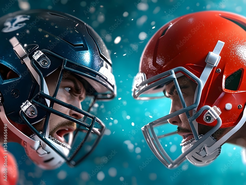 Fototapeta premium Two football players wearing opposing team helmets engaged in an intense moment of competition on the field showcasing the spirit determination and sportsmanship of the game