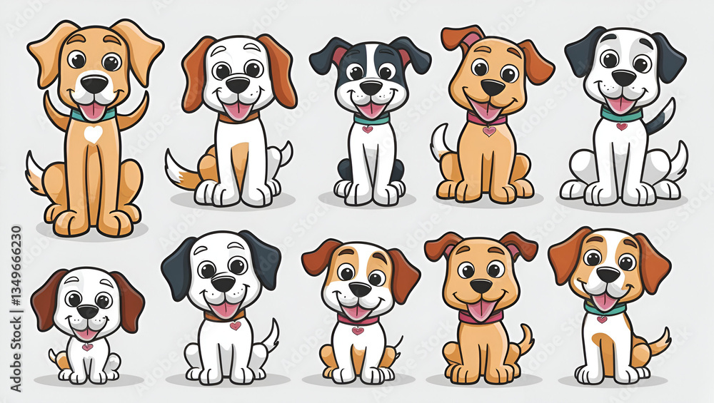 A cute set of cartoon dog or puppy characters in a playful doodle style. Various dog breeds and poses, drawn with flat colors. A charming and funny pet animal design set, isolated on a white backgroun A cute set of cartoon dog or puppy characters in a playful doodle style. Various dog breeds and poses, drawn with flat colors. A charming and funny pet animal design set, isolated on a white backgroun