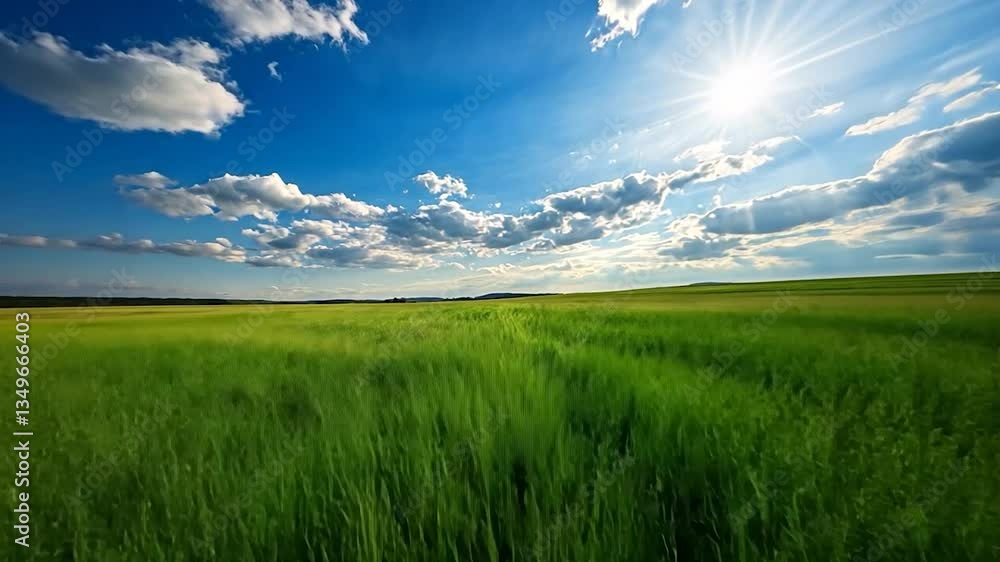 Expansive Green Field Under a Bright Blue Sky with Sunlight Streaming Expansive Green Field Under a Bright Blue Sky with Sunlight Streaming