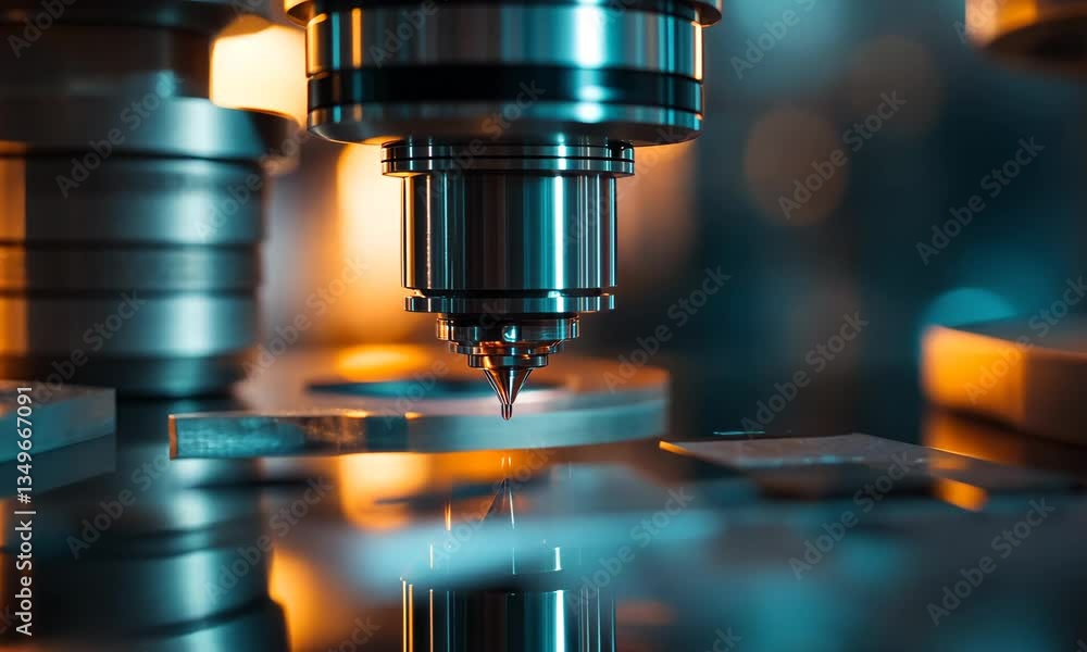 Close Up of Advanced Precision Machinery in Operation with Glowing Lights and Metallic Surface Close Up of Advanced Precision Machinery in Operation with Glowing Lights and Metallic Surface