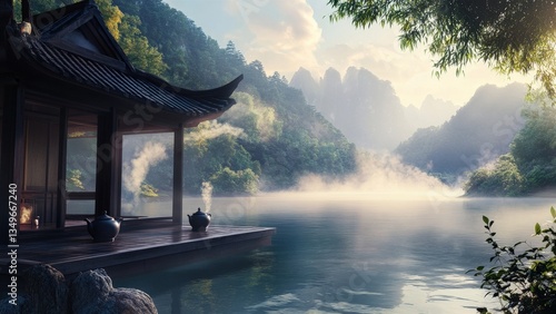 Serene Landscape with Traditional Pavilion by Misty Lake
