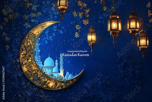 Ramadan kareem background with mosque inside a golden crescent moon and hanging lanterns on blue