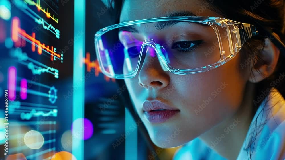 Focused scientist wearing protective eyewear, analyzing complex data on a digital screen. The scene highlights technology and innovation in scientific research environments Focused scientist wearing protective eyewear, analyzing complex data on a digital screen. The scene highlights technology and innovation in scientific research environments