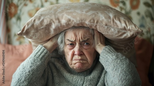 Annoyed senior woman holding pillow over head in living room
