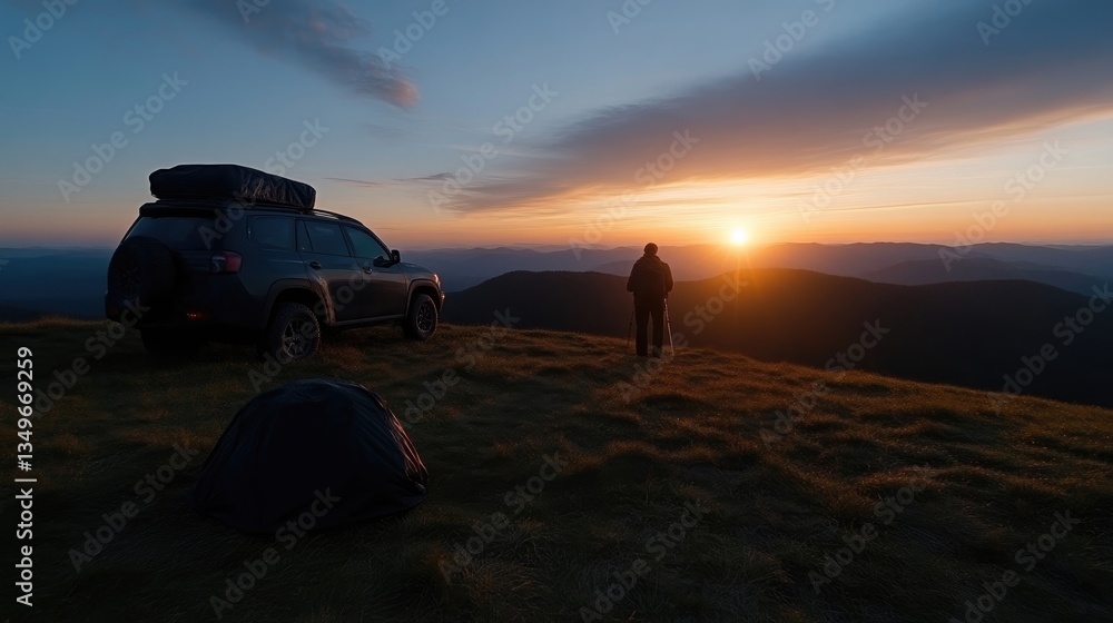 Obraz premium Sunrise vista, adventure, mountains, SUV, camping
