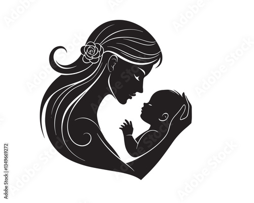 A black vector silhouette of a mother kissing her baby’s forehead, minimalist and elegant.