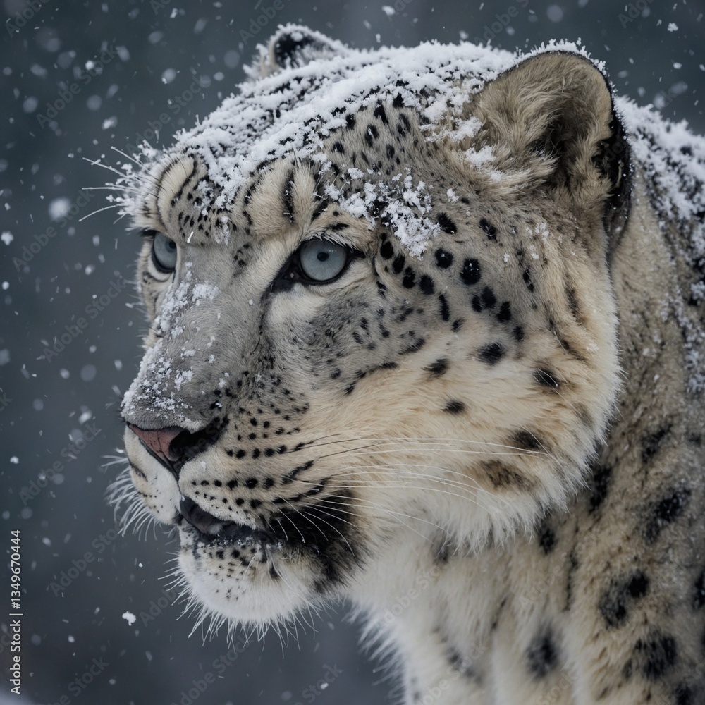 Naklejka premium A snow leopard in a light snowfall, each delicate flake settling gently on its fur.