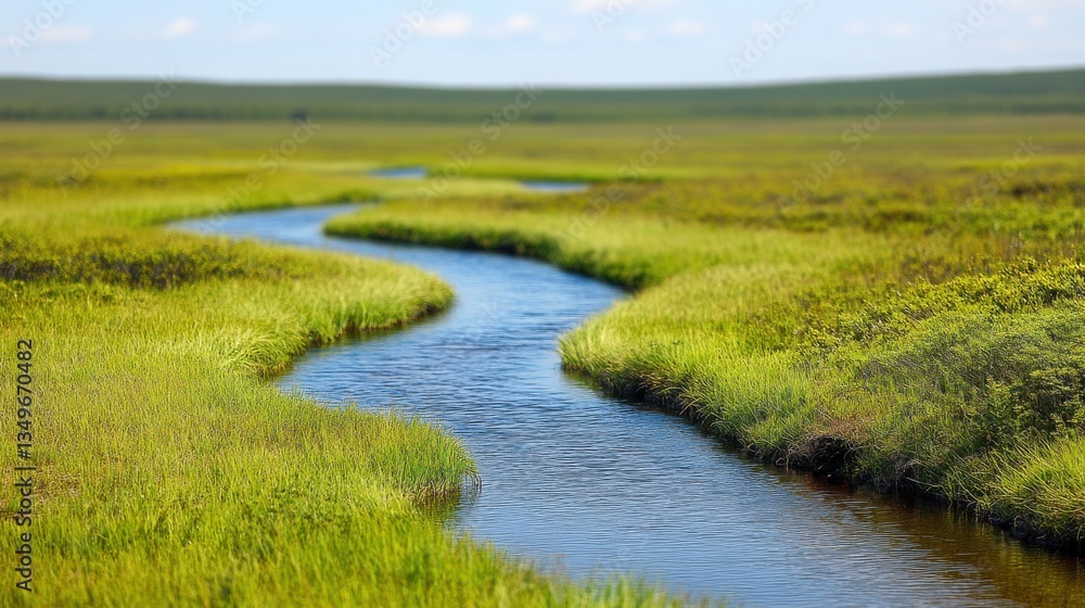 A tranquil stream meanders through a vibrant green meadow under a clear sky. A tranquil stream meanders through a vibrant green meadow under a clear sky.