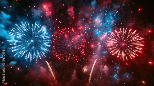 Spectacular fireworks display in vibrant red and blue colors against a dark night sky