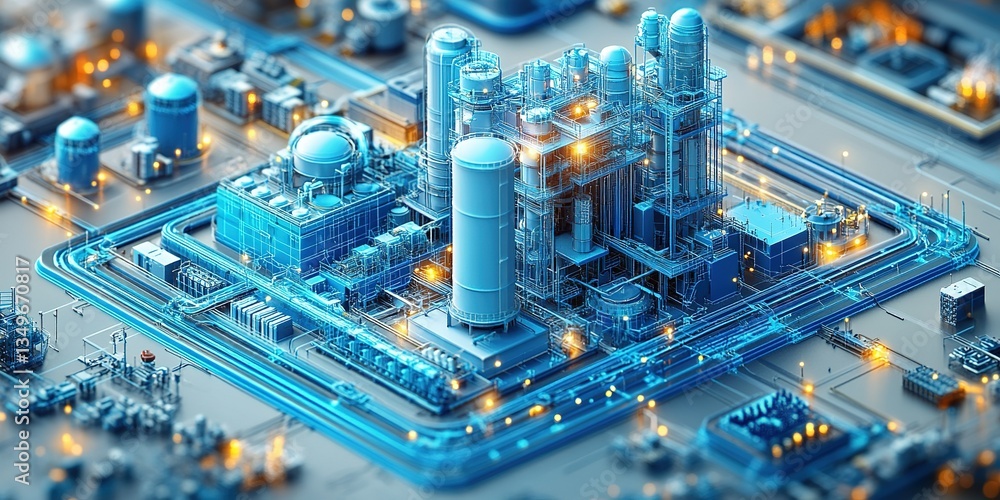 Industrial complex with advanced technology and energy production in a detailed urban setting Industrial complex with advanced technology and energy production in a detailed urban setting
